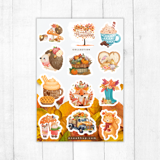 Autumn-themed sticker sheet with various illustrations on a white background. 