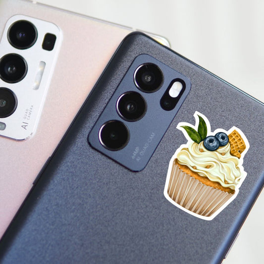 Phone case with a cupcake design sticker on a phone. blueberry CUPCAKE STICKER 