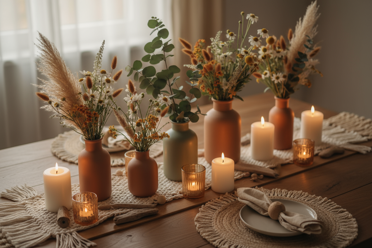 boho table aesthetic display with candles flowers and tea lights