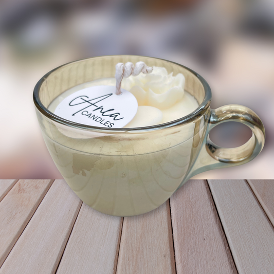 Candle in a glass mug with a blurred background. CHOCOLATE FRESH LINEN CANDLE