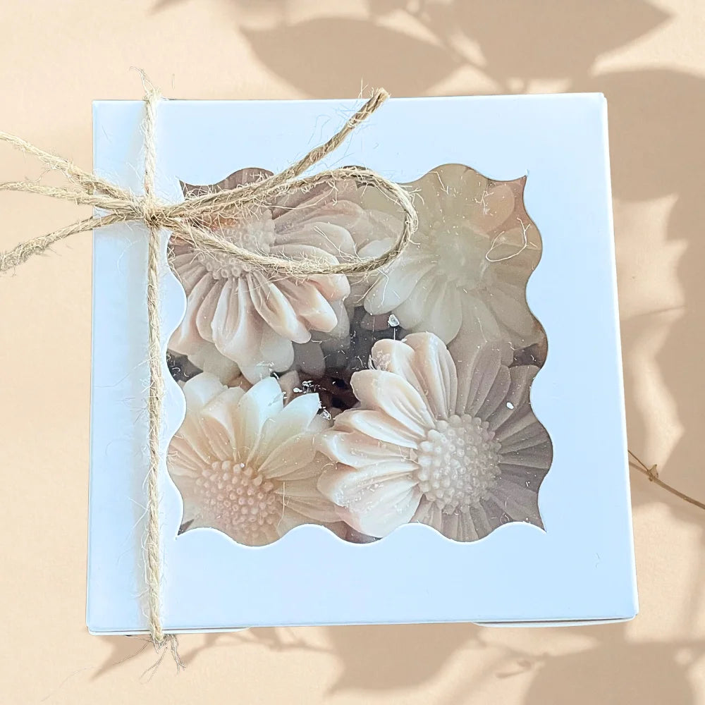 Gift box with floral design on a light blue background. DAISY FRAGRANCED WAX MELTS BOX