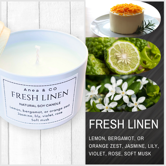 Anea & Co Fresh Linen candle with scents listed and images of ingredients.fresh linen natural soy candle