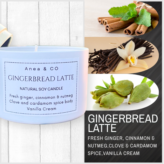 Anea & Co Gingerbread Latte candle with ingredients displayed on a white background. GINGERBREAD LATTE SOY CANDLE