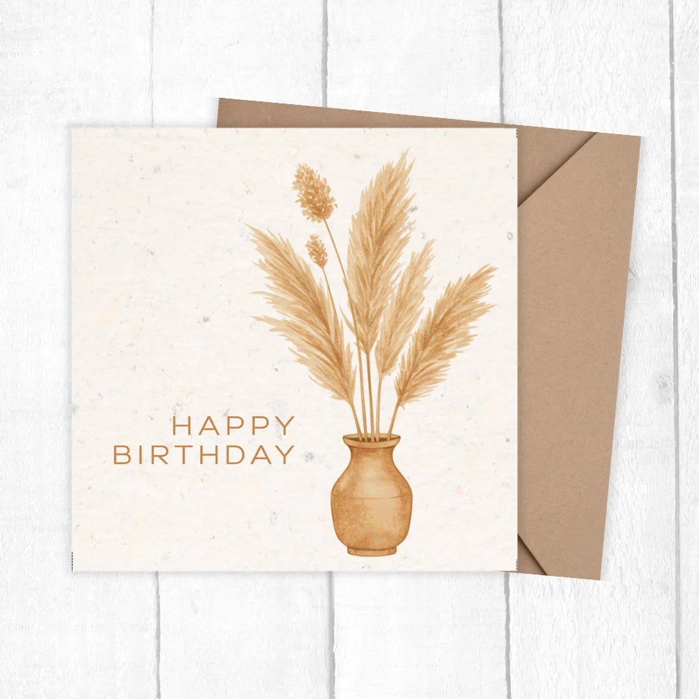 Birthday card with pampas grass design and 'Happy Birthday' text on a white background. BOHO FLOWER VASE BIRTHDAY CARD 