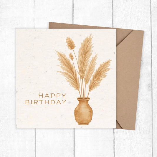 Birthday card with pampas grass design and 'Happy Birthday' text on a white background. BOHO FLOWER VASE BIRTHDAY CARD 
