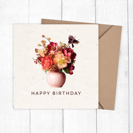 Birthday card with floral design and 'Happy Birthday' text on a white background. FLOWER BOUQUET BIRTHDAY CARD 