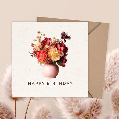 Birthday card with floral design and 'Happy Birthday' text on a beige background. FLOWER BOUQUET BIRTHDAY CARD 