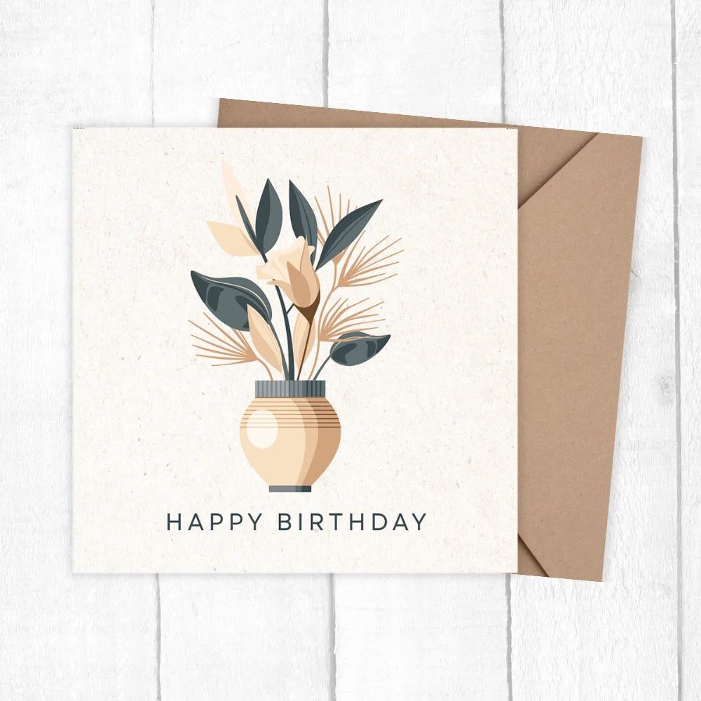 Birthday card with floral design and envelope on a white background. BOHO FLOWERS BIRTHDAY CARD 