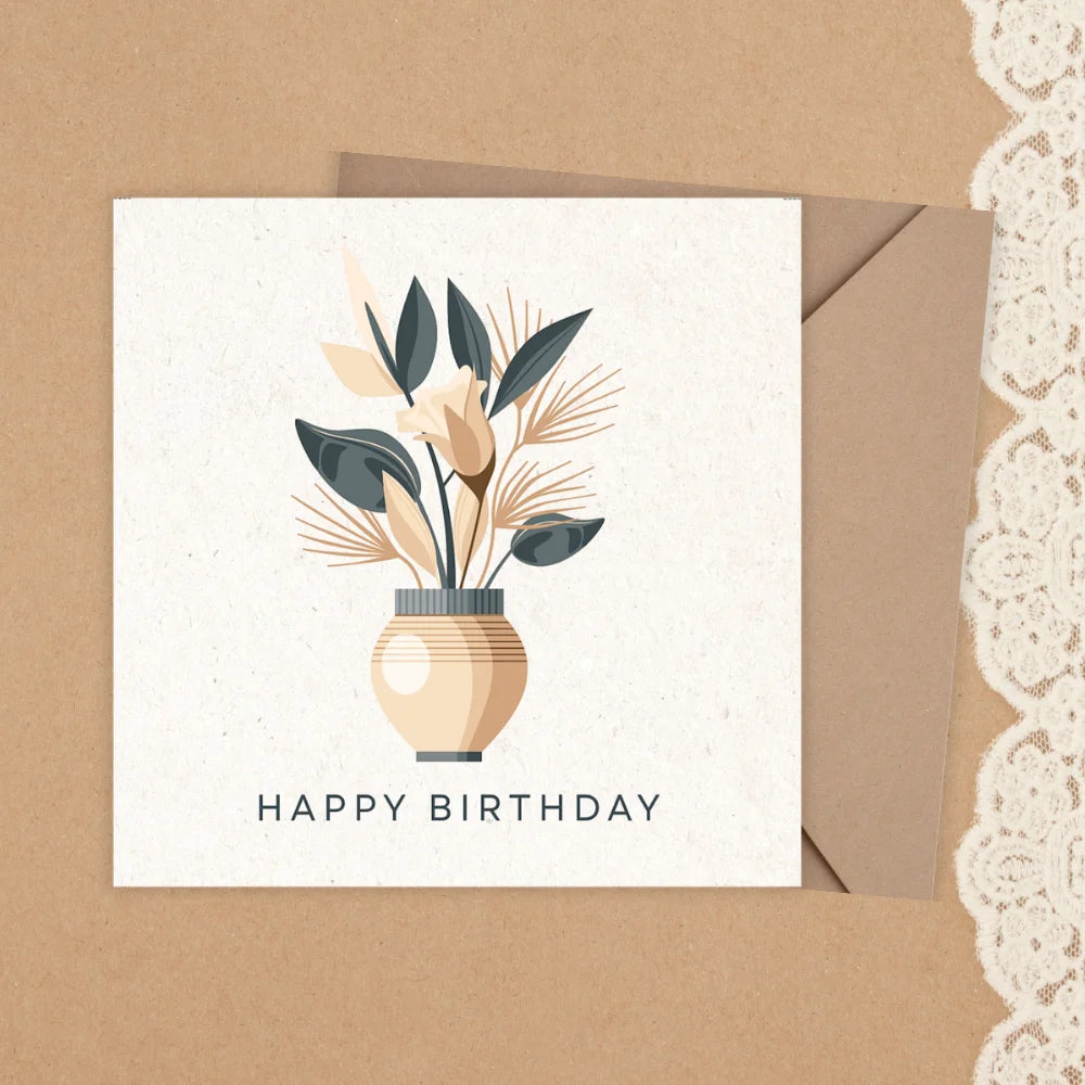 Birthday card with floral design and 'Happy Birthday' text on a brown background. BOHO FLOWERS BIRTHDAY CARD 