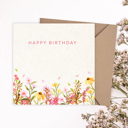 Floral birthday card with 'Happy Birthday' text on a white background. WILD FLOWERS BIRTHDAY CARD 