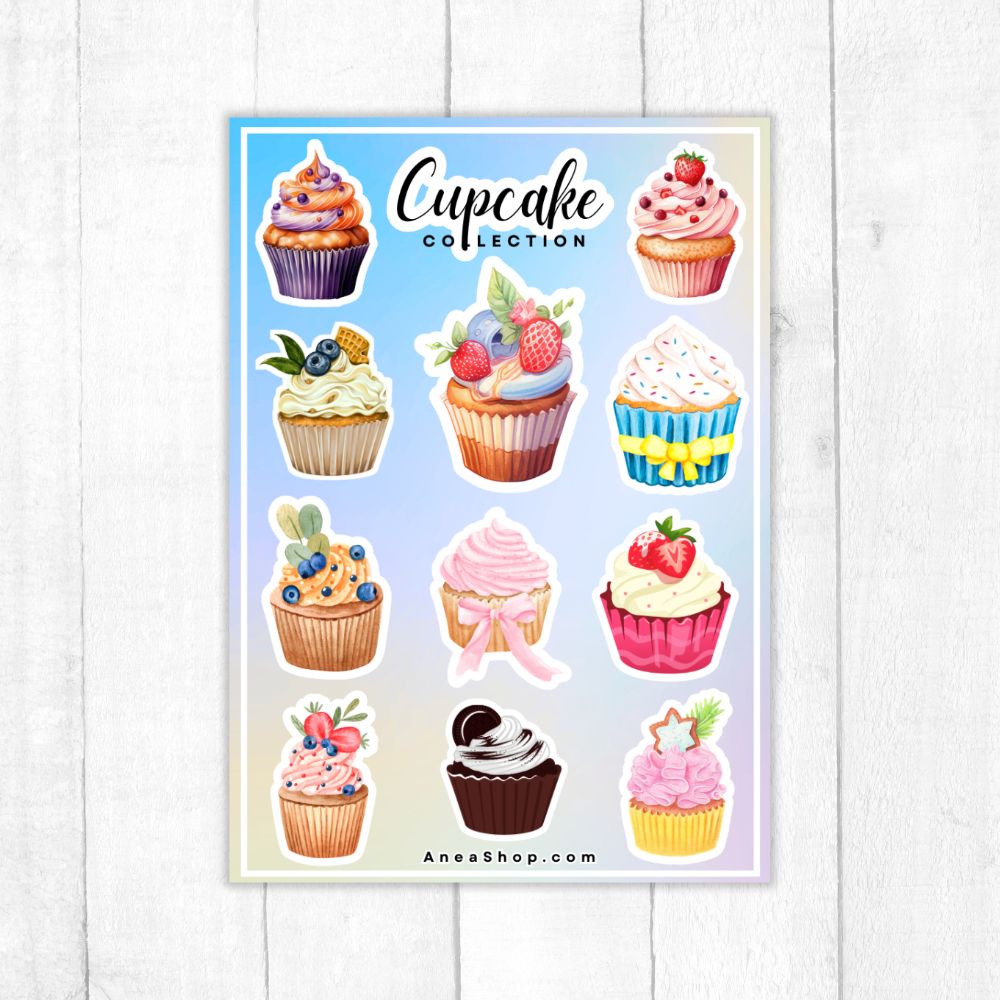 Sheet of cupcake stickers with 'Cupcake Collection' text on a light blue background. kawaii CUPCAKE STICKERs 