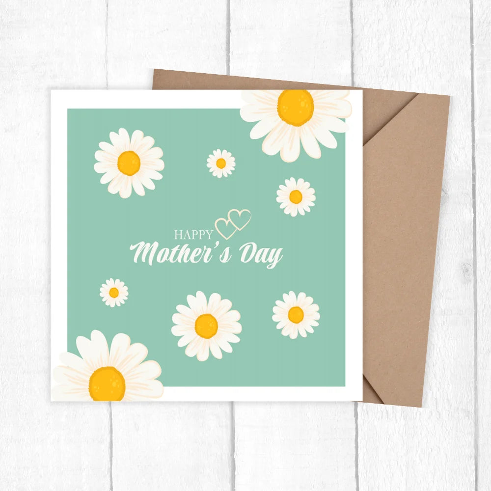 Mother's Day card with daisy flowers and a brown envelope on a white background. DAISY MOTHER'S DAY CARD