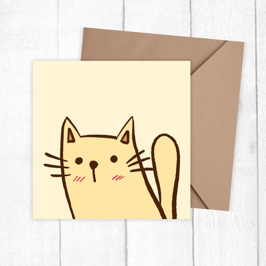 Card with a cat illustration and brown envelope on a white background gretting card