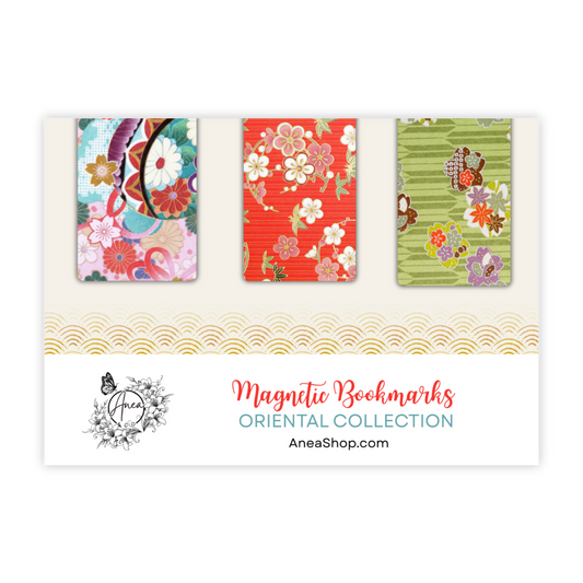 Set of three colorful magnetic bookmarks with floral designs on a white background, featuring the brand 'AneaShop'. oriental Magnetic Bookmark