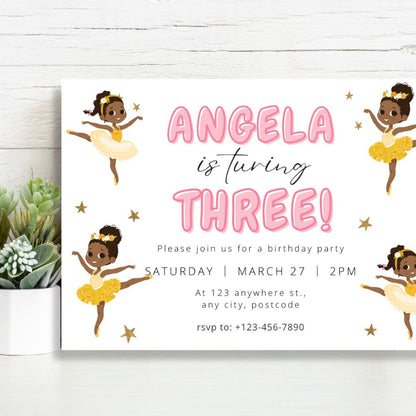 Birthday invitation card with a ballerina design on a white background. personalised Happy Birthday Party Invitations