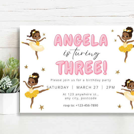 Birthday invitation card with a ballerina design on a white background. personalised Happy Birthday Party Invitations