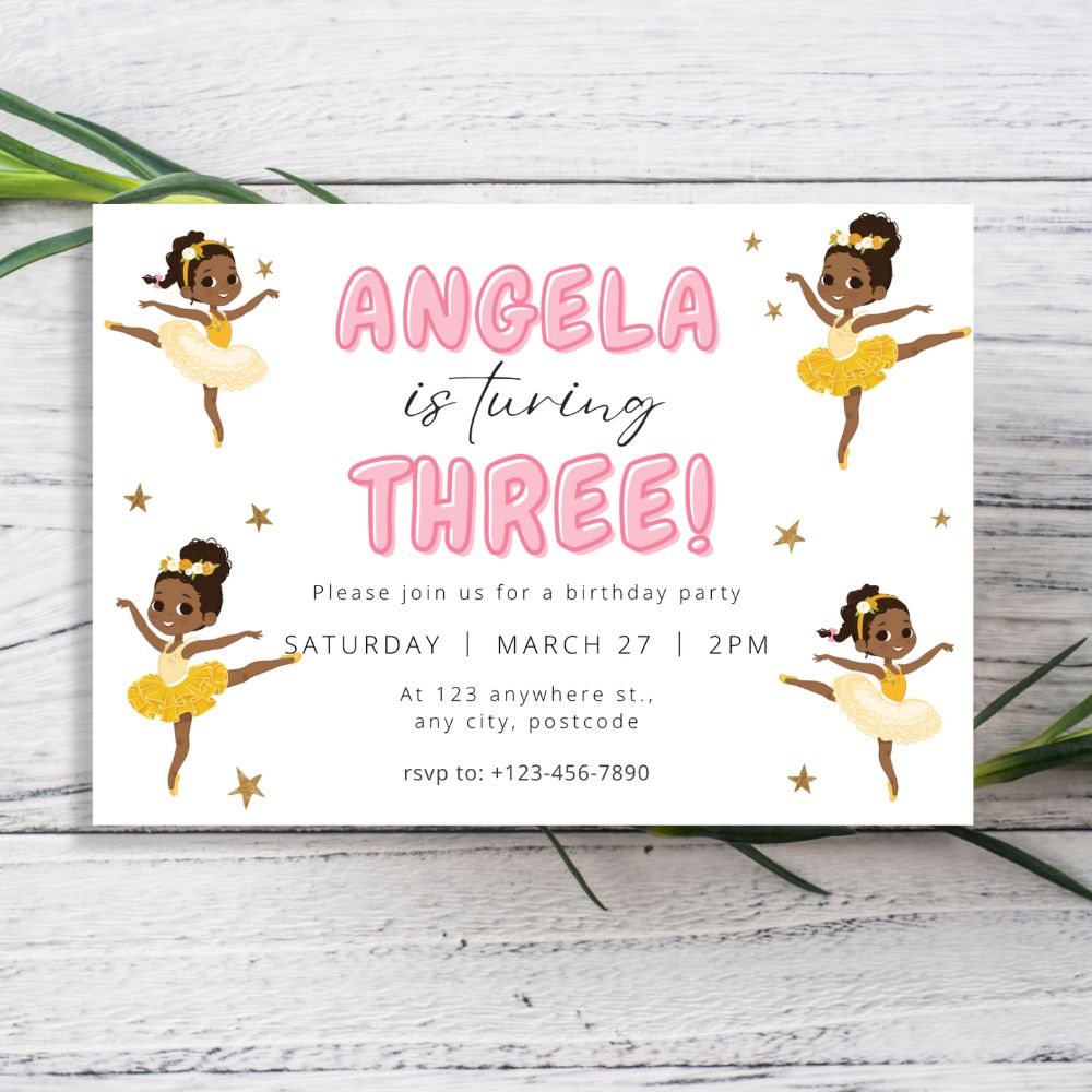 Birthday invitation card with a ballerina design on a wooden surface. personalised Happy Birthday Party Invitations