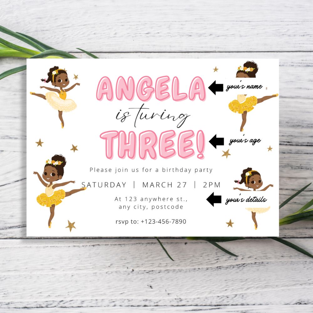 Birthday invitation card with a ballerina design on a wooden surface. personalised Happy Birthday Party Invitations