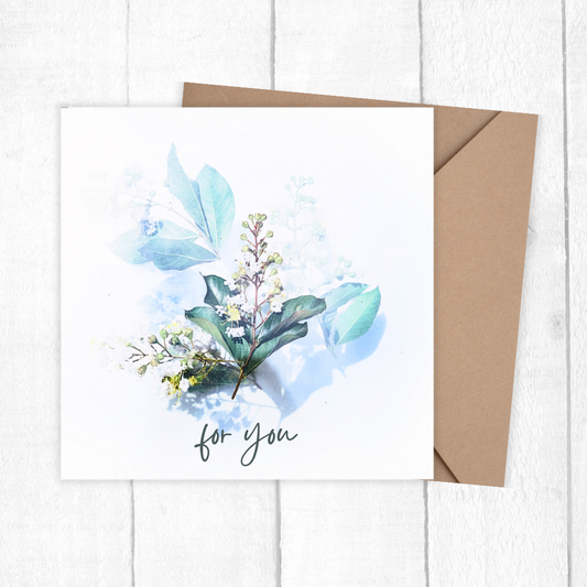 Greeting card with floral design and 'for you' text on a white background. FOR YOU BLUE FLOWERS CARD