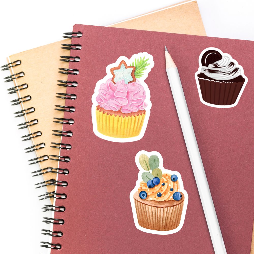 Notebook with cupcake stickers and a pencil on a white background. pink CUPCAKE STICKERs 