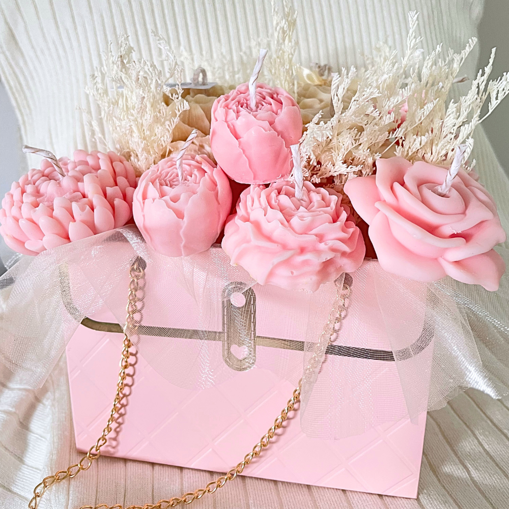 PINK & CREAM CANDLE FLOWER BOUQUET BAG
