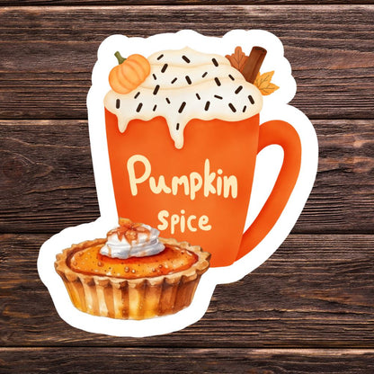 Sticker of a pumpkin spice latte and pie on a wooden background. pumpkin latte sticker