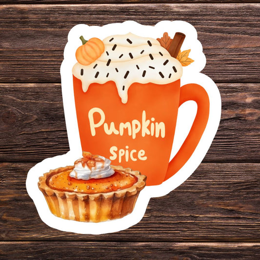 Sticker of a pumpkin spice latte and pie on a wooden background. pumpkin latte sticker