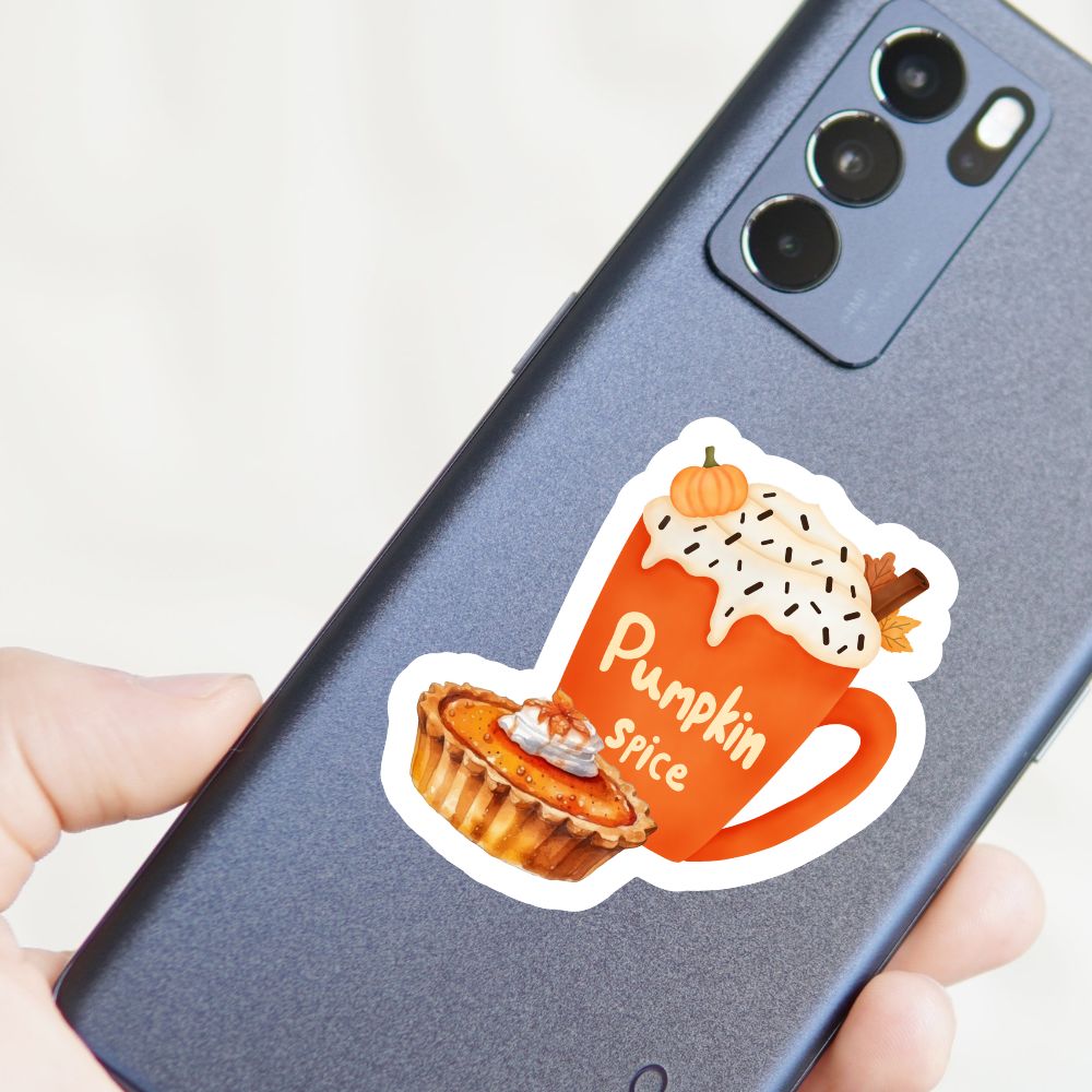 Phone case with a 'Pumpkin Spice' design featuring a cup and muffin.pumpkin spice latte and cake sticker