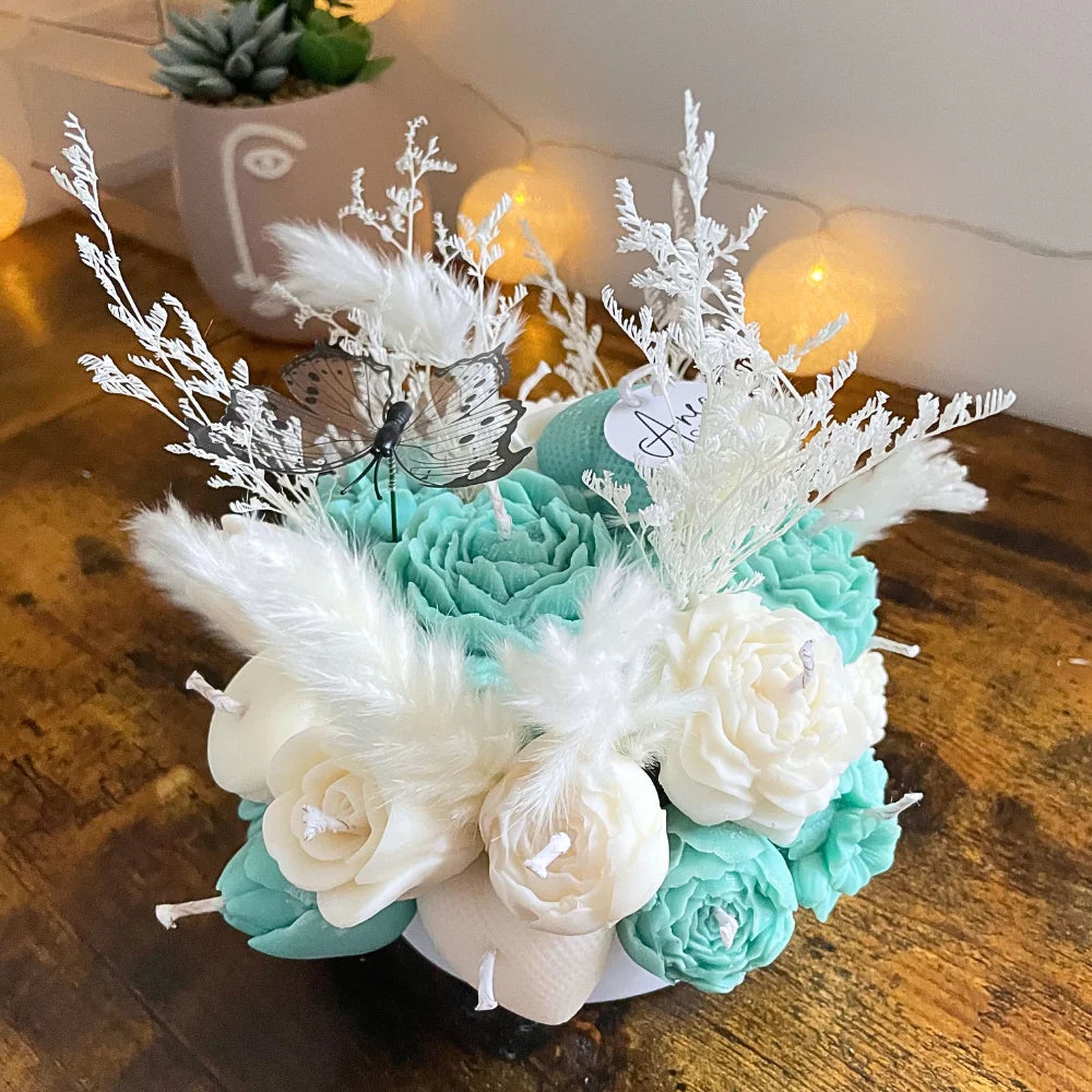 TURQUOISE FLOWER CANDLES CENTREPIECE