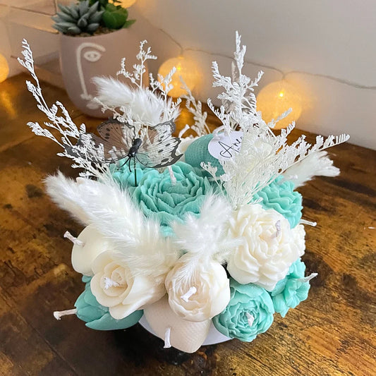TURQUOISE FLOWER CANDLES CENTREPIECE