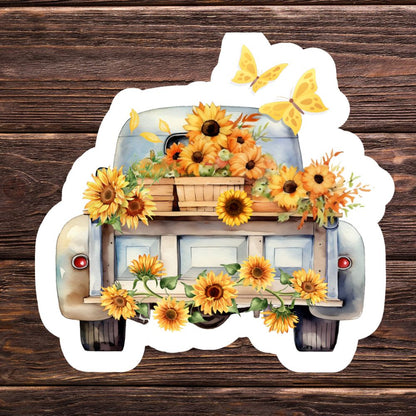 Decorative sticker of a truck with sunflowers and butterflies on a wooden background. vintage car with flowers sticker