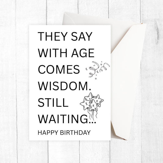 Birthday card with humorous text and stars on a white background